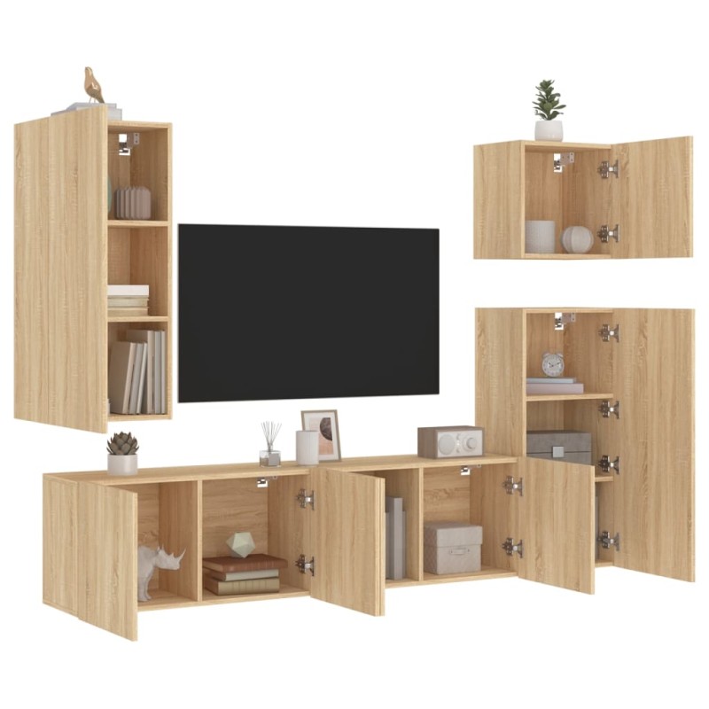 vidaXL Muebles de TV de pared 5 pzas madera de ingeniería roble Sonoma vidaXL Muebles de TV de pared 5 pzas madera de ingeniería roble Sonoma