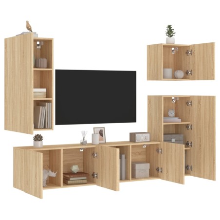 vidaXL Muebles de TV de pared 5 pzas madera de ingeniería roble Sonoma