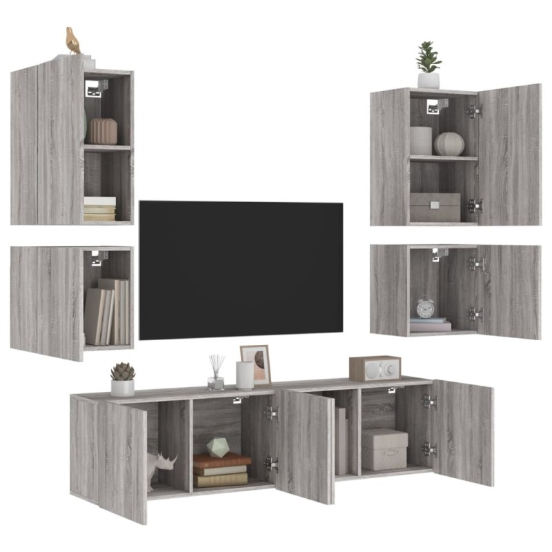 vidaXL Muebles de TV de pared 6 pzas madera de ingeniería gris Sonoma vidaXL Muebles de TV de pared 6 pzas madera de ingeniería gris Sonoma