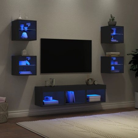vidaXL Muebles de TV de pared con LED 7 pzas madera ingeniería negro