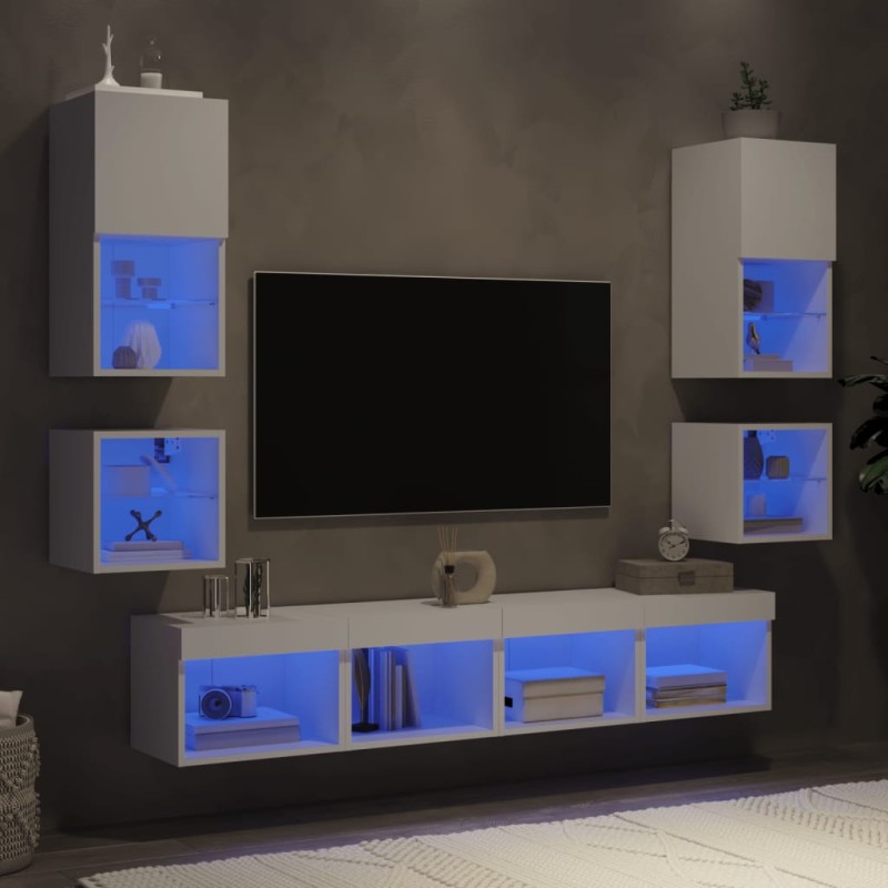 vidaXL Muebles de TV de pared con LED 8 pzas madera ingeniería blanco vidaXL Muebles de TV de pared con LED 8 pzas madera ingeniería blanco