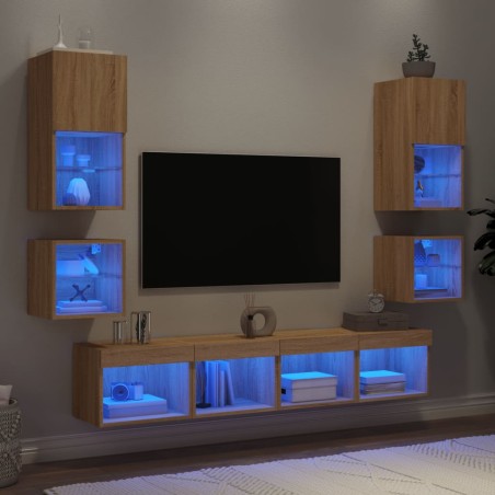 vidaXL Muebles TV pared con LED 8 pzas madera ingeniería roble Sonoma