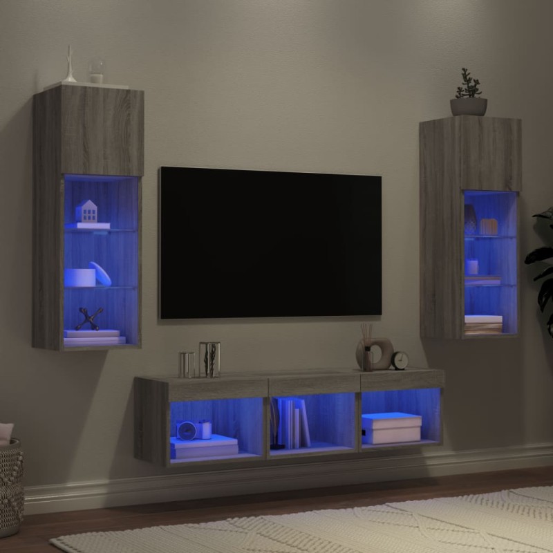 vidaXL Muebles TV pared con LED 5 pzas madera ingeniería gris Sonoma vidaXL Muebles TV pared con LED 5 pzas madera ingeniería gris Sonoma
