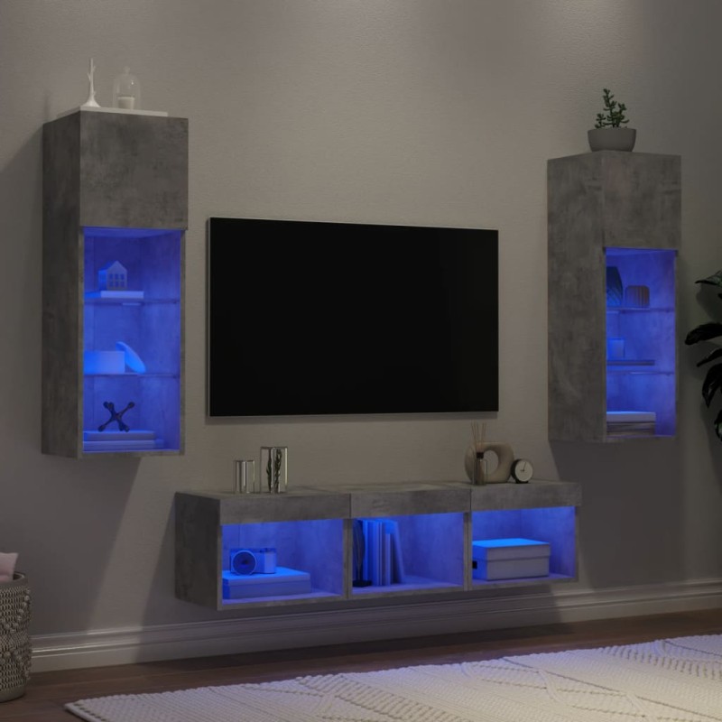 vidaXL Muebles TV pared con LED 5 pzas madera ingeniería gris hormigón vidaXL Muebles TV pared con LED 5 pzas madera ingeniería gris hormigón