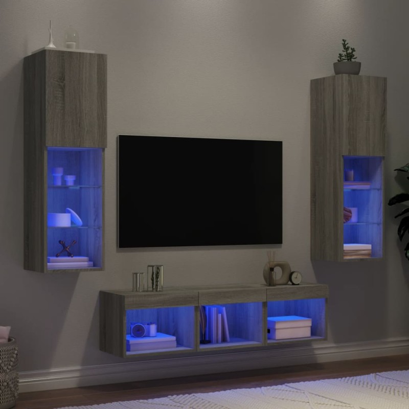vidaXL Muebles TV pared con LED 5 pzas madera ingeniería gris Sonoma