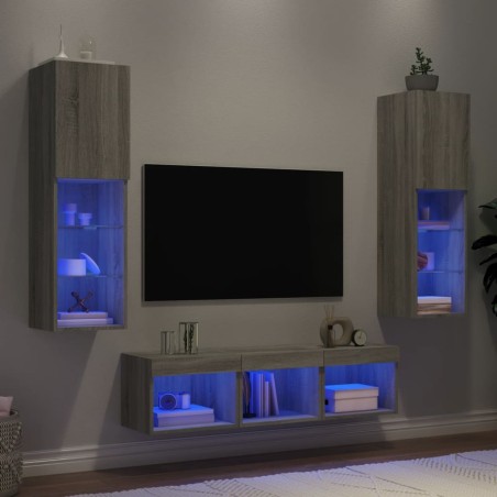 vidaXL Muebles TV pared con LED 5 pzas madera ingeniería gris Sonoma
