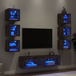 vidaXL Muebles TV pared con LED 8 pzas madera ingeniería roble ahumado