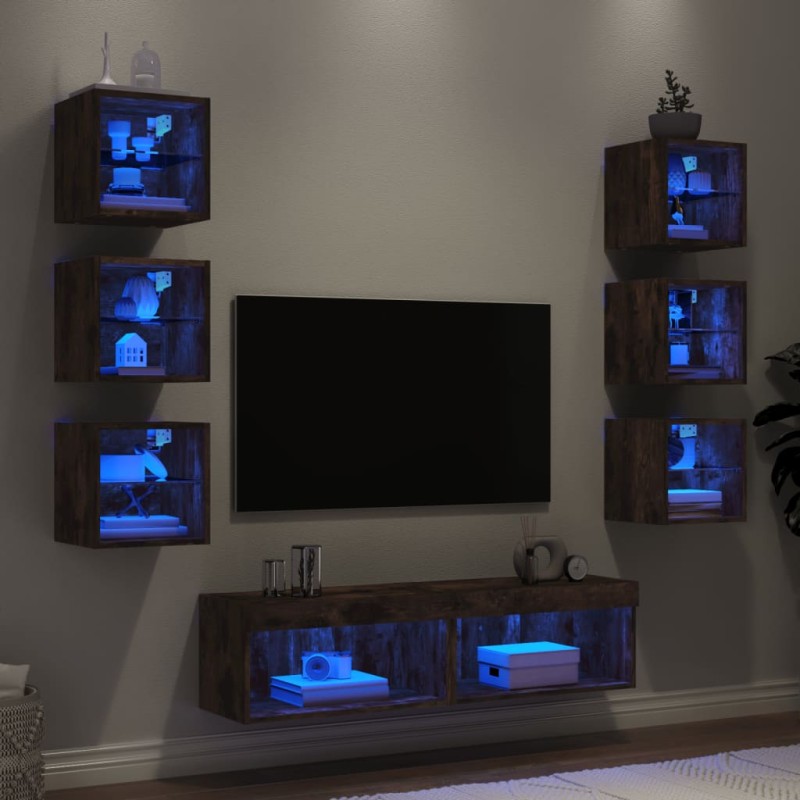 vidaXL Muebles TV pared con LED 8 pzas madera ingeniería roble ahumado