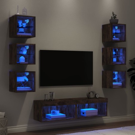 vidaXL Muebles TV pared con LED 8 pzas madera ingeniería roble ahumado
