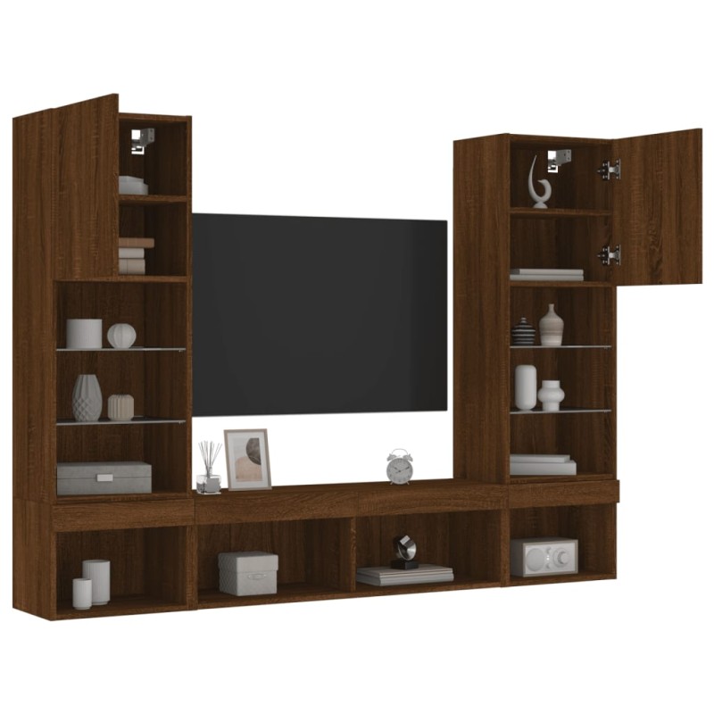 vidaXL Muebles TV pared con LED 5 pzas madera ingeniería marrón roble vidaXL Muebles TV pared con LED 5 pzas madera ingeniería marrón roble