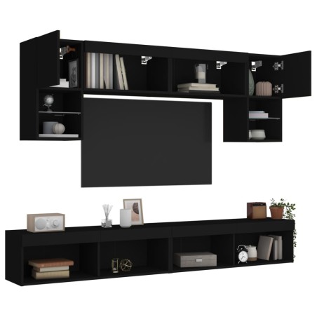 vidaXL Muebles de TV de pared con LED 6 pzas madera ingeniería negro