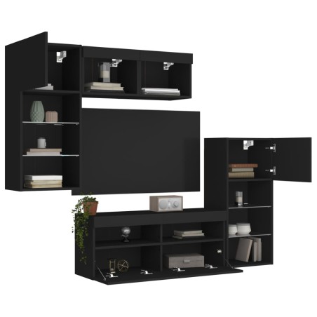 vidaXL Muebles de TV de pared con LED 5 pzas madera ingeniería negro