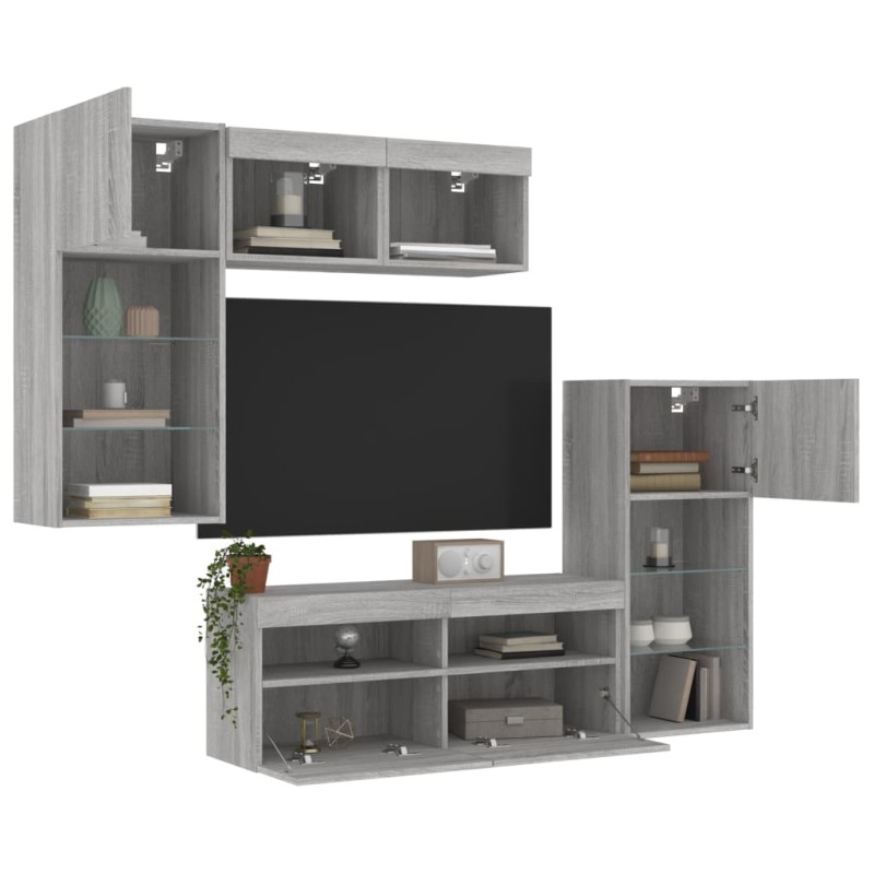 vidaXL Muebles TV pared con LED 5 pzas madera ingeniería gris Sonoma