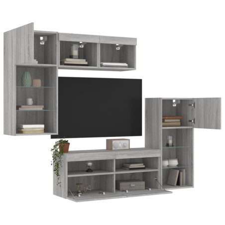 vidaXL Muebles TV pared con LED 5 pzas madera ingeniería gris Sonoma