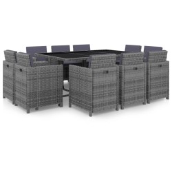 vidaXL Set de comedor de jardín 11 pzas y cojines ratán sintético gris