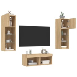 vidaXL Muebles de TV de pared con luces LED 4 piezas roble Sonoma