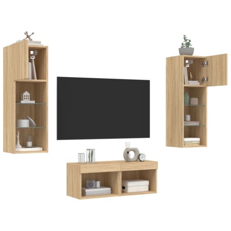 vidaXL Muebles de TV de pared con luces LED 4 piezas roble Sonoma