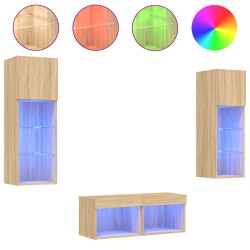 vidaXL Muebles de TV de pared con luces LED 4 piezas roble Sonoma