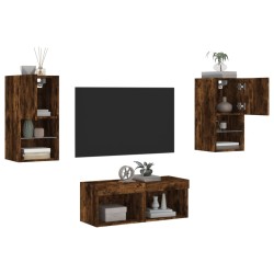 vidaXL Muebles de TV de pared con luces LED 4 piezas roble ahumado