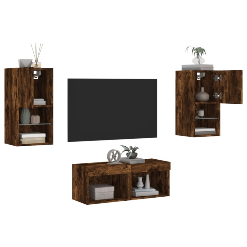 vidaXL Muebles de TV de pared con luces LED 4 piezas roble ahumado