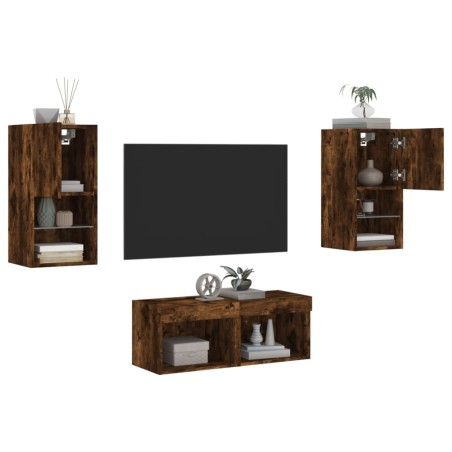 vidaXL Muebles de TV de pared con luces LED 4 piezas roble ahumado