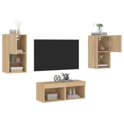 vidaXL Muebles de TV de pared con luces LED 4 piezas roble Sonoma