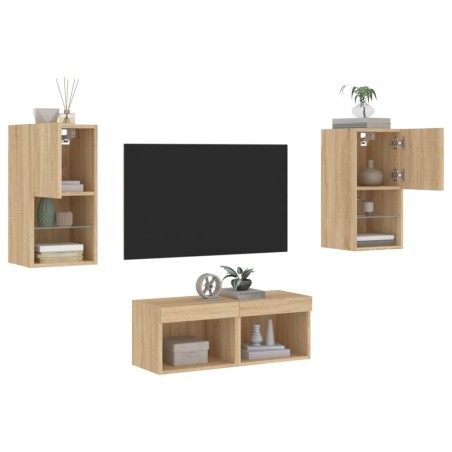 vidaXL Muebles de TV de pared con luces LED 4 piezas roble Sonoma