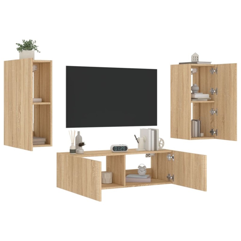 vidaXL Muebles de TV de pared con luces LED 3 piezas roble Sonoma vidaXL Muebles de TV de pared con luces LED 3 piezas roble Sonoma