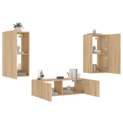 vidaXL Muebles de TV de pared con luces LED 3 piezas roble Sonoma