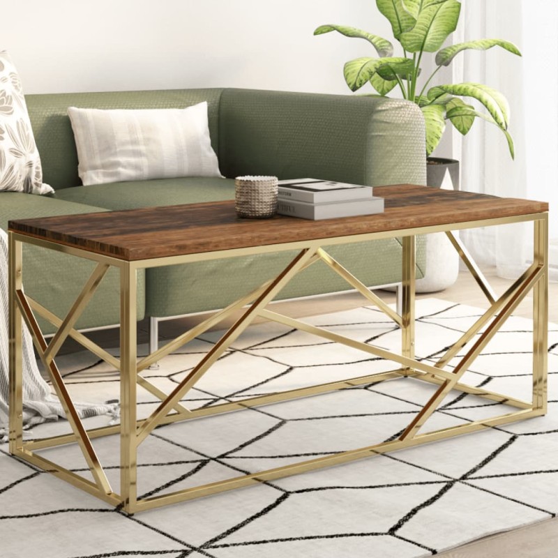 vidaXL Mesa de centro de acero inoxidable dorado y madera maciza vidaXL Mesa de centro de acero inoxidable dorado y madera maciza