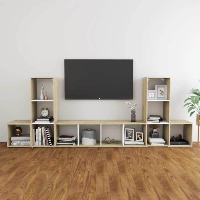 vidaXL Muebles de salón 5 pzas madera ingeniería blanco y roble Sonoma