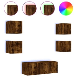 vidaXL Muebles TV pared con LED 6 pzas madera ingeniería roble ahumado