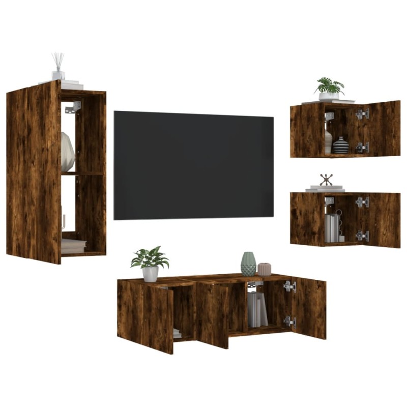vidaXL Muebles TV pared con LED 5 pzas madera ingeniería roble ahumado vidaXL Muebles TV pared con LED 5 pzas madera ingeniería roble ahumado