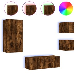 vidaXL Muebles TV pared con LED 5 pzas madera ingeniería roble ahumado