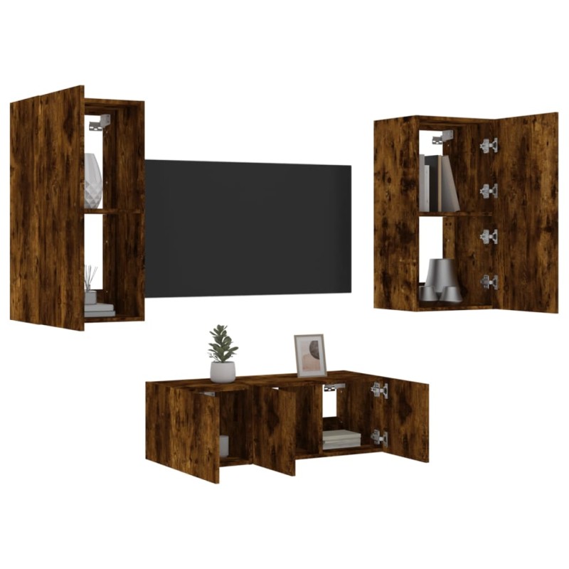 vidaXL Muebles TV pared con LED 4 pzas madera ingeniería roble ahumado vidaXL Muebles TV pared con LED 4 pzas madera ingeniería roble ahumado