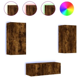 vidaXL Muebles TV pared con LED 4 pzas madera ingeniería roble ahumado