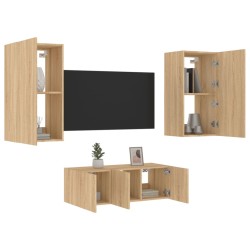 vidaXL Muebles TV pared con LED 4 pzas madera ingeniería roble Sonoma