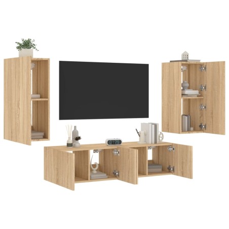 vidaXL Muebles TV pared con LED 4 pzas madera ingeniería roble Sonoma