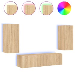 vidaXL Muebles TV pared con LED 4 pzas madera ingeniería roble Sonoma