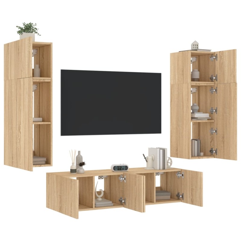 vidaXL Muebles TV pared con LED 6 pzas madera ingeniería roble Sonoma vidaXL Muebles TV pared con LED 6 pzas madera ingeniería roble Sonoma