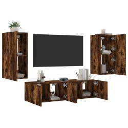 vidaXL Muebles TV pared con LED 4 pzas madera ingeniería roble ahumado