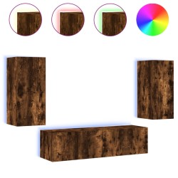 vidaXL Muebles TV pared con LED 4 pzas madera ingeniería roble ahumado