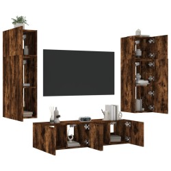 vidaXL Muebles TV pared con LED 6 pzas madera ingeniería roble ahumado