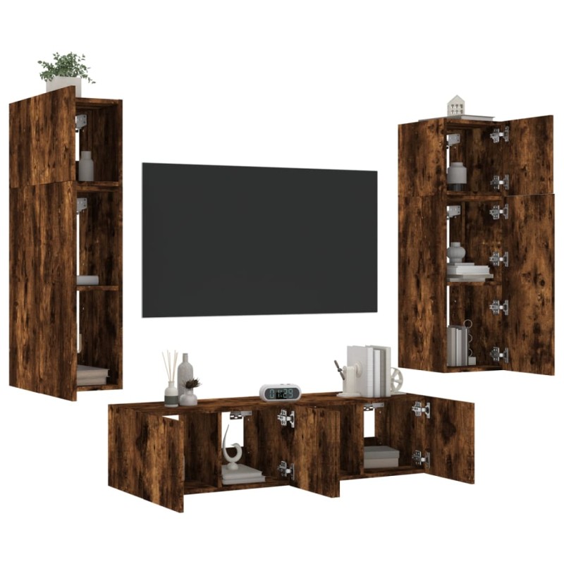 vidaXL Muebles TV pared con LED 6 pzas madera ingeniería roble ahumado