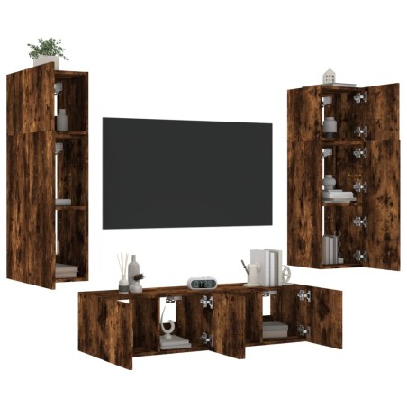 vidaXL Muebles TV pared con LED 6 pzas madera ingeniería roble ahumado