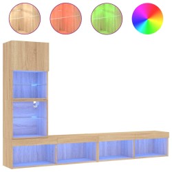 vidaXL Muebles TV pared con LED 4 pzas madera ingeniería roble Sonoma