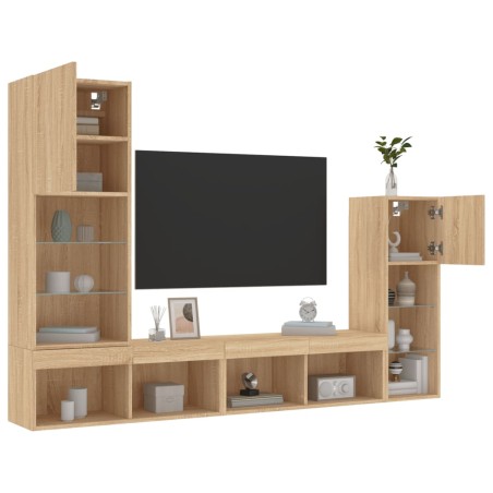 vidaXL Muebles TV pared con LED 4 pzas madera ingeniería roble Sonoma