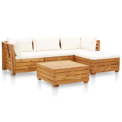 vidaXL Muebles de jardín 5 pzas y cojines madera acacia blanco crema 