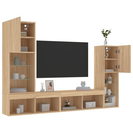 vidaXL Muebles TV pared con LED 4 pzas madera ingeniería roble Sonoma