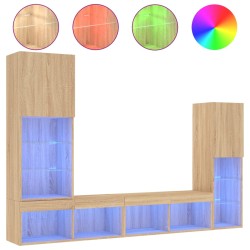 vidaXL Muebles TV pared con LED 4 pzas madera ingeniería roble Sonoma